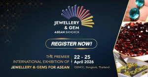 Official JGAB 2026 logo and banner featuring the 'Ultimate ASEAN Jewellery and Gemstone Sourcing Hub' theme, promoted in partnership with Somut Medya.